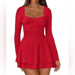 Red Square-Neck Long Sleeve Flared Mini Dress